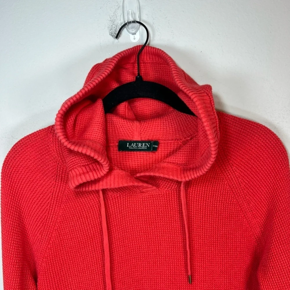 Lauren Ralph Lauren Hooded Waffle Knit Sweater Top Shirt Orange  Sz Small Petite